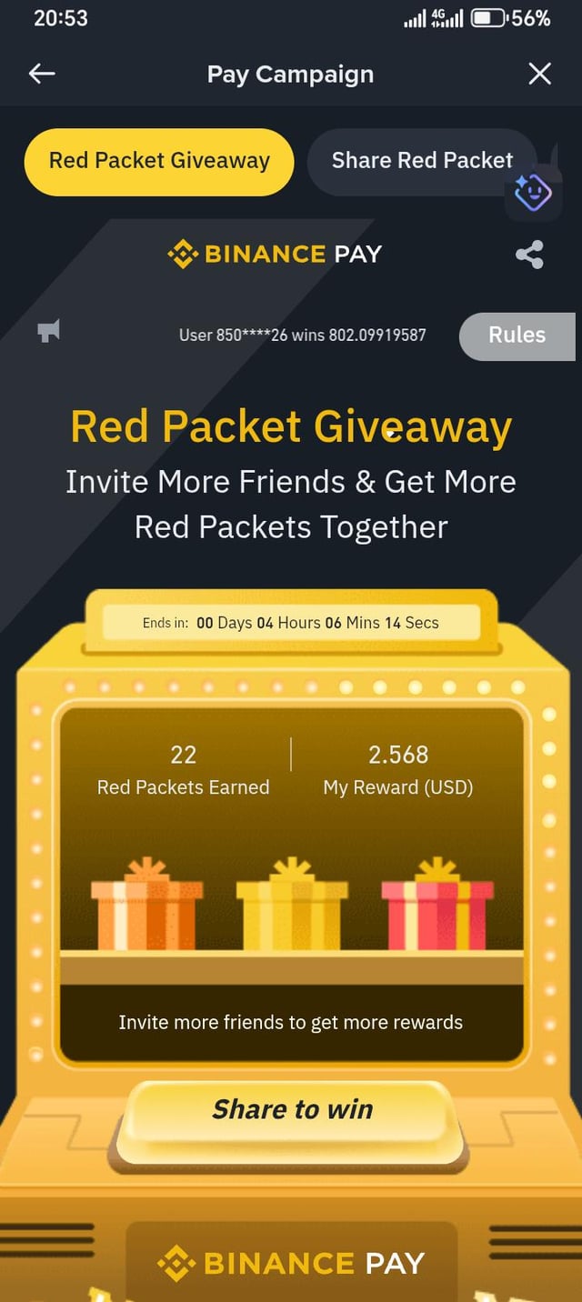 The image shows a promotional poster for a Red Packet Giveaway, which appears to be an advertisement for a binance pay campaign. The poster features a yellow box with three gift boxes inside, each containing a different colored item - red, orange, and yellow. The text on the poster encourages users to "Invite friends & get more Rod Packets together".