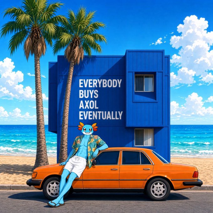 An illustrated scene with a blue axolotl character in a Hawaiian shirt leaning against an orange car on a beach, with palm trees and a blue building reading 'EVERYBODY BUYS AXOL EVENTUALLY'.