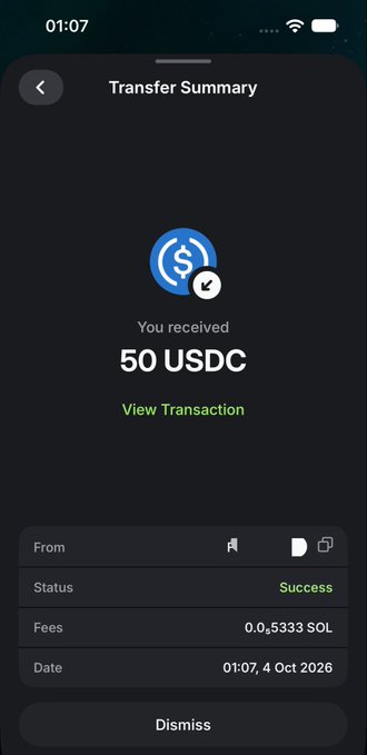 A dark-mode mobile 'Transfer Summary' screen shows a successful receipt of '50 USDC' with transaction details: Status 'Success', Fees '0.0,5333 SOL', and Date '01:07, 4 Oct 2026'.