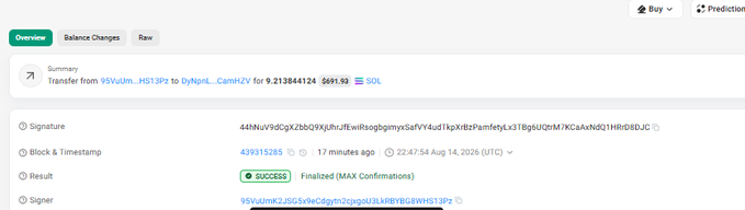 A blockchain transaction summary showing a transfer of 21.213844124 SOL ($691.93) from address 95VuUm...HS13Pz to DyNppt...CsmhZV with a successful MAX confirmations result.