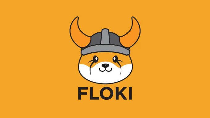 The FLOKI cryptocurrency logo featuring a Shiba Inu dog wearing a Viking helmet with horns, displayed on an orange background.