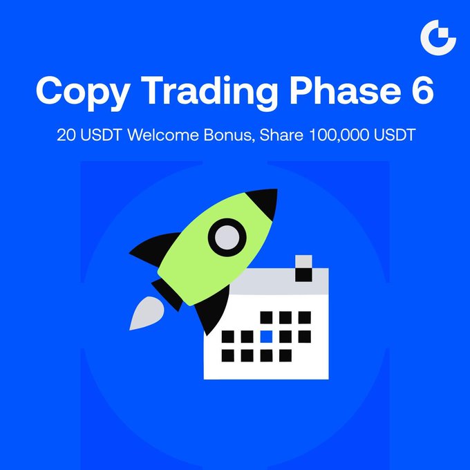 A promotional graphic with a blue background advertising 'Copy Trading Phase 6', offering a '20 USDT Welcome Bonus, Share 100,000 USDT', featuring an illustration of a green rocket taking off from a calendar icon.