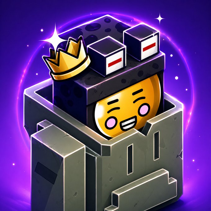 A cartoonish emoji character wearing a golden crown pops out of a blocky structure against a purple background.