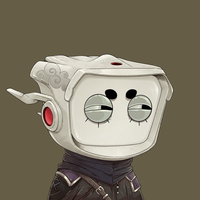 A stylized cartoon illustration of a white robot with large expressive eyes, wearing dark clothing with straps, against a muted olive background.