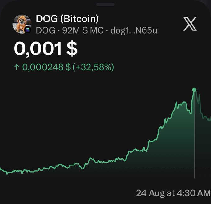 A price chart for DOG (Bitcoin) on a DEX showing the token at $0.001 with a 92M market cap, displaying a sharp spike of +32.58% (0.000248 $) that briefly pushed it past the $100M market cap milestone before retracing slightly.