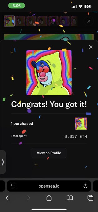 An OpenSea mobile notification reads 'Congrats! You got it!' showing an NFT purchase of a clown character for 0.017 ETH.