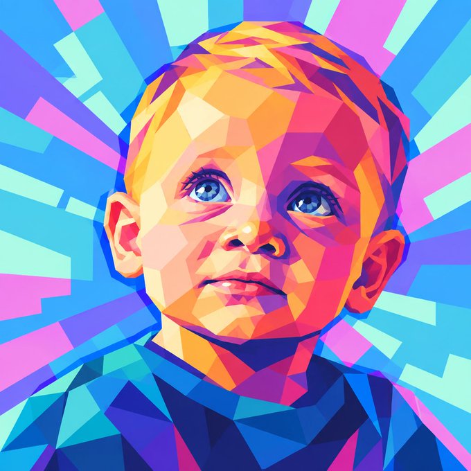 A colorful geometric/polygonal pop-art style digital illustration of a young blonde child with blue eyes against a radiating blue and purple background.