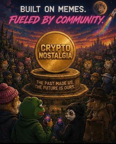 A vibrant, meme-filled illustration shows a crowd of iconic internet characters—including Pepe the Frog and various doge figures—gathered around a large golden "Crypto Nostalgia" coin under a rocket-launching sky, with the banner text "BUILT ON MEMES. FUELED BY COMMUNITY." and "THE PAST MADE US. THE FUTURE IS OURS." This imagery directly echoes the post's nostalgic call to revive the community-driven spirit of early crypto, using the shared pump.fun contract address as the rallying point.