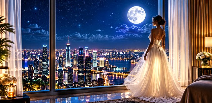 A woman in an elegant white gown stands by a large window overlooking a brightly lit cityscape at night, with a full moon in the starry sky.