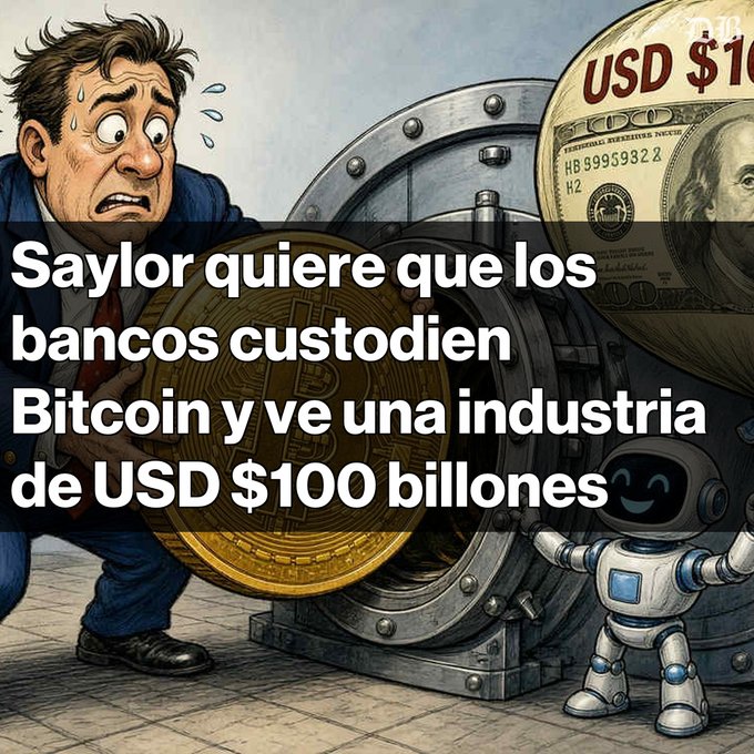 An illustration showing a nervous man pushing a giant Bitcoin into a bank vault alongside a $100 bill and a small robot, with Spanish text reading "Saylor quiere que los bancos custodien Bitcoin y ve una industria de USD $100 billones."