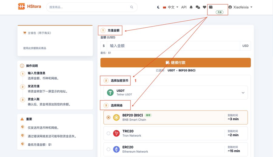 A Chinese-language cryptocurrency recharge page on HStora showing options to deposit USDT via BEP20, TRC20, or ERC20 networks.