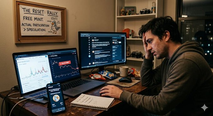 A stressed man stares at multiple screens displaying crashed NFT charts and a "SOLD OUT" notification at 2 AM, with a whiteboard reading "THE RESET: RALLY" and slogans mocking "FREE MINT" and "> SPECULATION," perfectly capturing the post's lament over failed gas wars and lost ETH during a hyped mint.