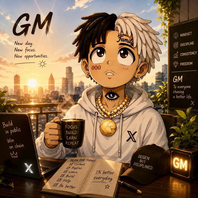 A 'GM' (Good Morning) themed illustration of a cartoon character with dreads holding a coffee mug reading 'FOCUS BUILD EARN REPEAT' with motivational text about discipline, freedom, and 1% better everyday.