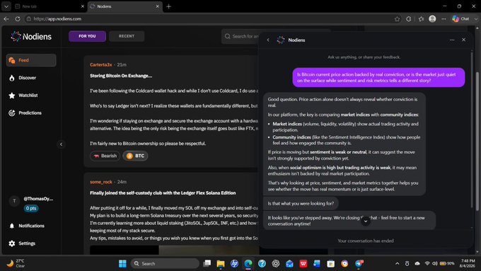 A screenshot of the Nodiens app interface shows a crypto news feed discussing a Bitcoin wallet hack and a self-custody club, alongside an AI chat panel explaining how the platform integrates market indices like liquidity, volatility, and community sentiment (e.g., $BTC) to reveal the underlying reasons behind price movements.