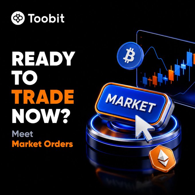 A promotional graphic for the cryptocurrency exchange Toobit advertising "Market Orders" with the headline "READY TO TRADE NOW?" alongside a 3D rendering of a market button and Bitcoin/Ethereum logos.
