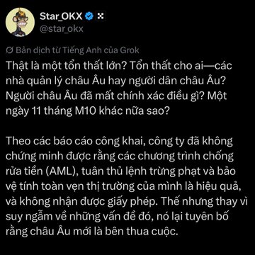 A Vietnamese-language tweet from Star_OKX (@star_okx) discussing public companies, Eurobonds, and regulatory concerns, with text criticizing entities that haven't shown AML compliance.