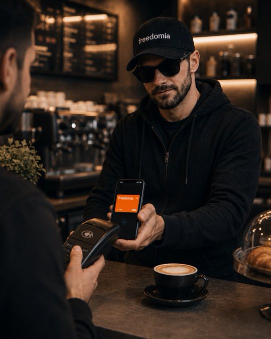 Photo of a man in a coffee shop wearing a black "freedomia" cap and sunglasses, paying with his phone via contactless payment at the counter while a cappuccino sits beside him.