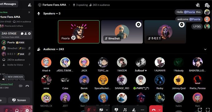 A screenshot of a Twitter Space titled 'Fortune Foes AMA' with 3 speakers (Pooria, SinaDall, BREY) and 243 people in audience, showing the participants' profile pictures.