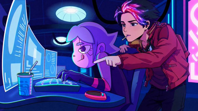A digital anime-style illustration shows two characters with pink and purple hair in a neon-lit room, looking at a computer screen with a soda cup nearby.