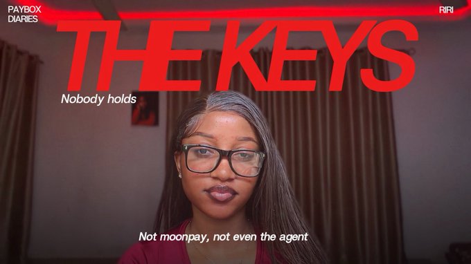 A video thumbnail from 'PAYBOX DIARIES' featuring a woman with glasses, large red text reading 'THE KEYS' and 'Nobody holds', and subtitle text 'Not moonpay, not even the agent'.