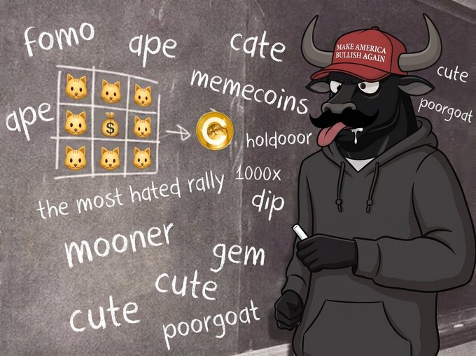 A cartoon black bull wearing a 'Make America Bullish Again' hat stands next to a chalkboard diagram showing dog memecoins converting to a gold 'G' token with labels like 'dpe', 'fomo', 'gem', and '1000x dip'.