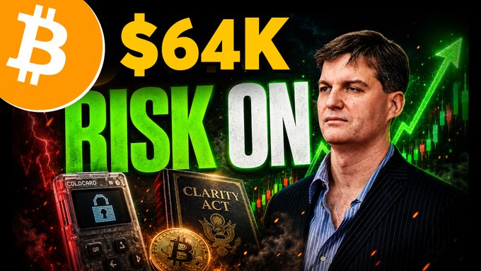 A YouTube thumbnail-style image featuring a Bitcoin logo, '$64K' text, 'RISK ON' in bold green letters, a man in a suit, and graphics of a COLDCARD device, a 'CLARITY ACT' document, and a gold Bitcoin coin.