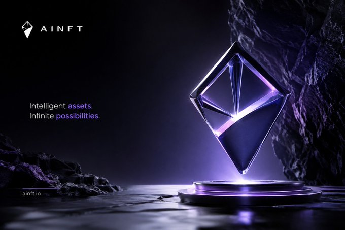 A promotional banner for 'AINFT' features a glowing, diamond-shaped geometric structure against a dark, rocky background, with the tagline 'Intelligent assets. Infinite possibilities.'