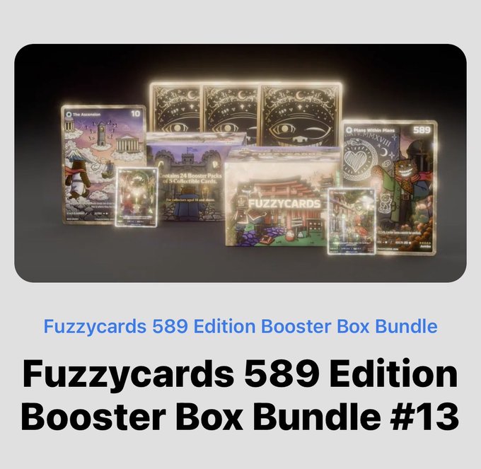 A promotional graphic for a 'Fuzzycards 589 Edition Booster Box Bundle #13' showing collectible cards including 'The Ascension' and 'Hippy Hippie Plans' glowing against a dark background.