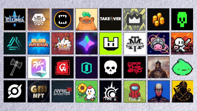 A grid of 32 colorful game icons/logos representing Web3 gaming titles, featuring recognizable names like "Illuvium," "Take Over," "Blankos," "Blob Arena," "Hearthstone Tech Inc," "Gala," "Gods Unchained," "Sandbox," "Star Atlas," and "TGE," along with pixel-art characters and genre icons. The image serves as a visual catalog supporting the post's question about the current state of Web3 gaming projects, suggesting the collection is the user's best attempt at listing all active gamefi, indie, and studio-developed playable titles seeking community input on overlooked games.