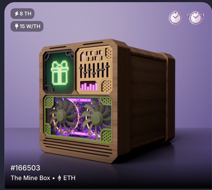 A 3D render of a wooden PC case called "The Mine Box" (#166503) with green-lit interior fans, a purple-lit interior, and a green gift box icon on the front panel, shown with specs of 8 TH and 15 W/TH.