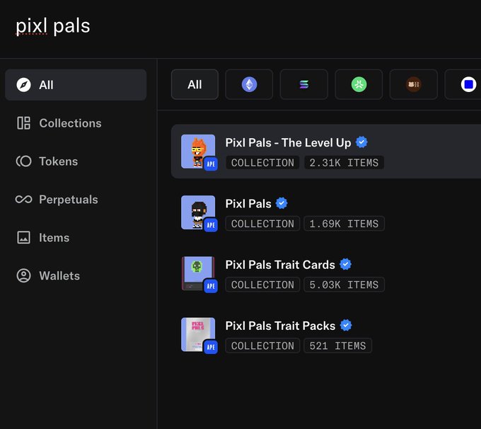 A screenshot of the "pixl pals" NFT collection on a marketplace, showing four collections including "Pixl Pals - The Level Up" (2.31K items) and "Pixl Pals Trait Cards" (5.03K items).