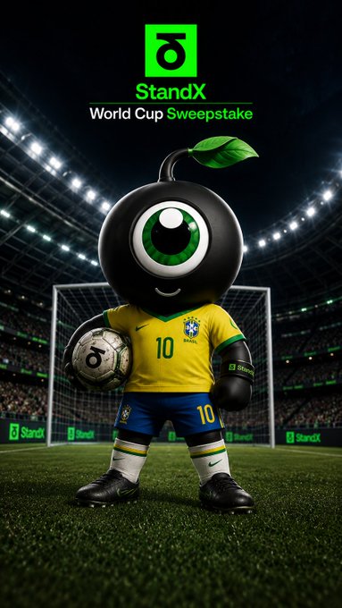 The image features a soccer figure or mascot, likely from the World Cup, holding a soccer ball and standing on a field with a backdrop of the stadium lights. The caption suggests that this figure could be playing an unconventional role at a soccer event, possibly being a trader for the competition. The objective is to attract attention by offering a unique experience and providing some form of reward in exchange for trading followers or generating trading volume. This post has been shared on various social media platforms, indicating its potential reach and interest among users.