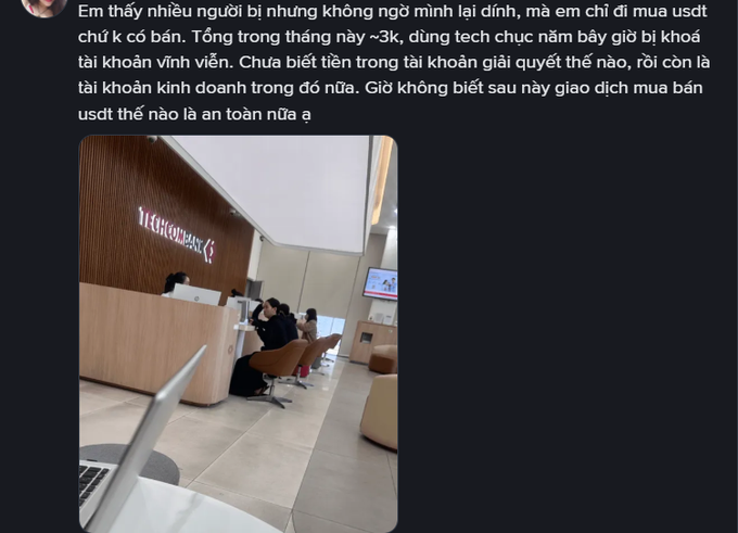 A Facebook post in Vietnamese about USDT trading concerns, showing a photo of people at a counter labeled 'MARGINEX'
