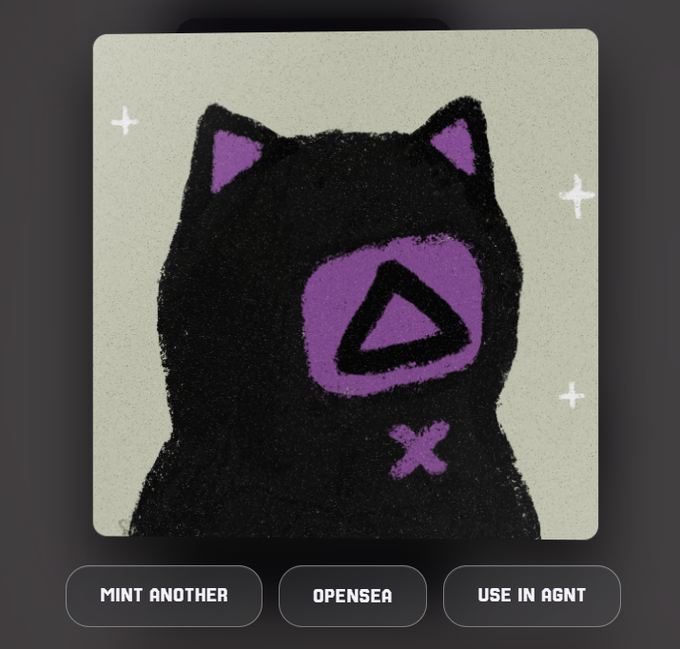 An NFT minting interface displaying a textured black cat-like character with purple accents, including ears and a triangular face design, with buttons labeled 'MINT ANOTHER,' 'OPENSEA,' and 'USE IN AGNT.'