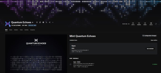 A screenshot of a website called 'Quantum Echoes' showing a 'Mint Quantum Echoes' NFT minting page with a 'FREE' mint schedule and a quantum circuit diagram graphic.