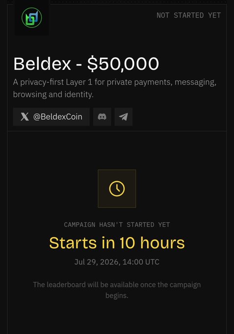 A countdown screen for a 'Beldex - $50,000' campaign, described as 'A privacy-first Layer 1 for private payments, messaging, browsing and identity,' with the launch starting in 10 hours on Jul 29, 2026.