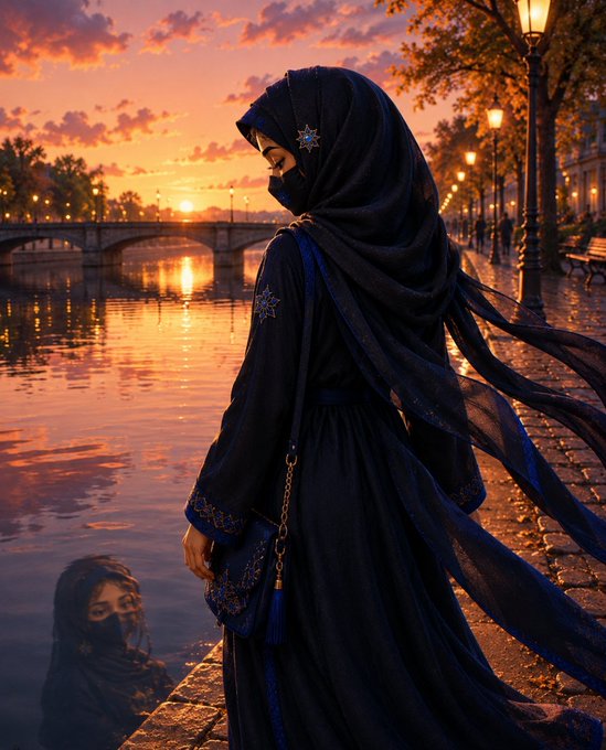 A woman in a flowing dark blue and black hijab and dress standing by a river at sunset, with her reflection visible in the water.