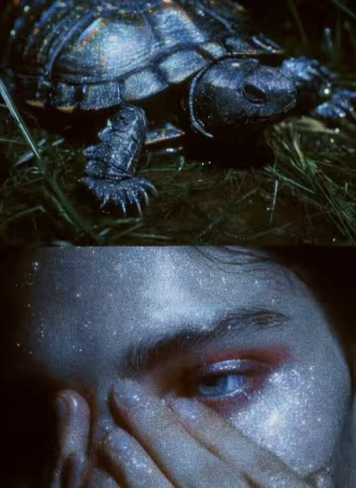 The image features a close-up of a person's face with their eyes closed, holding their hand over themself. There are two other images present in the scene - one showing a turtle laying down in grassy terrain, and another depicting a woman's face with her eyes closed as well. The post appears to be about an eye or a turtle, possibly related to the turtle image.