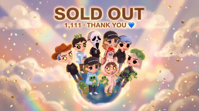 A celebratory 'SOLD OUT 1,111 · THANK YOU 💙' graphic featuring a group of cartoon chibi-style characters standing on a small globe amid pink clouds, rainbow light, and gold confetti.