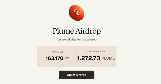 The image shows a screenshot of an air drop registration page for the Plume platform. The main focus of the screen is the claim claim-pp.plume.org, where users can submit their claim for payment and receive 1,717.73PLUME in return. This claim amount is due within 8 days.