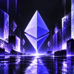 A futuristic purple-blue Ethereum-themed scene features a glowing geometric diamond between towering structures, reflected on a dark floor. It visually accompanies the post’s report that Ethereum staking reached 43.8 million ETH (35.9% of supply), while annualized yield declined from 2.81% in Q2 to 2.63% in Q3; no other text is visible.