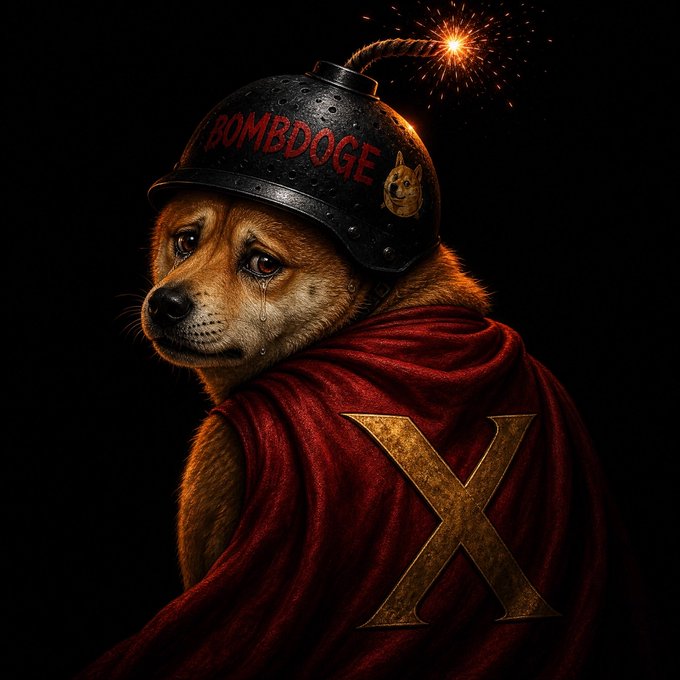 The image features a brown dog wearing a black helmet with the word "BOMB" written on it, as well as a red cape that says "X". The dog appears to be dressed up for an event or performance, possibly a movie scene. The background is dark and out of focus, drawing attention to the dog's costume and emphasizing its presence in the image.