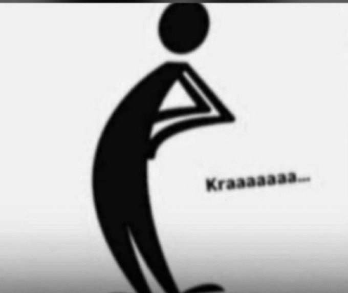 A black stick figure bent over clutching its stomach with the text 'Kraaaaaa...' below it.