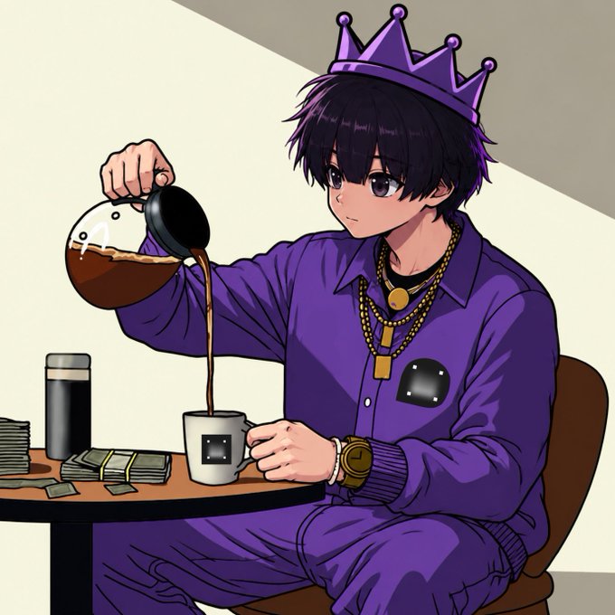 An anime-style illustration shows a character wearing a purple outfit and a crown, pouring coffee from a pot into a mug. The character wears a gold chain necklace and sits at a table scattered with stacks of money.