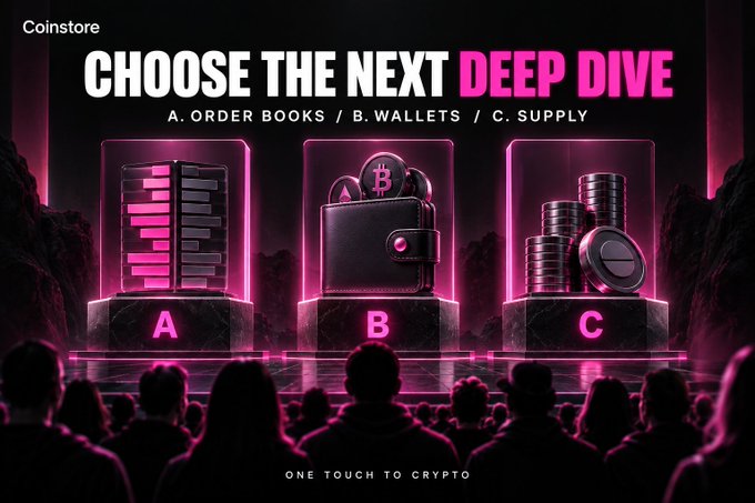 A Coinstore advertisement asking viewers to 'CHOOSE THE NEXT DEEP DIVE' between A. ORDER BOOKS, B. WALLETS, and C. SUPPLY, featuring three neon pink display cases with an audience watching below and the tagline 'ONE TOUCH TO CRYPTO'.