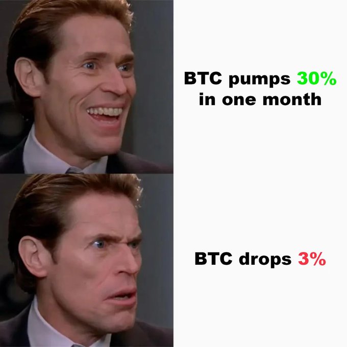 A meme featuring two panels of Christian Bale as Patrick Bateman: the top panel with a smiling expression labeled 'BTC pumps 30% in one month' and the bottom with an angry expression labeled 'BTC drops 3%'.