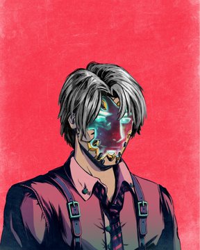 A digital illustration of a character with messy gray hair wearing a pink shirt and suspenders, featuring a metallic, robotic face with glowing blue eyes against a red background.