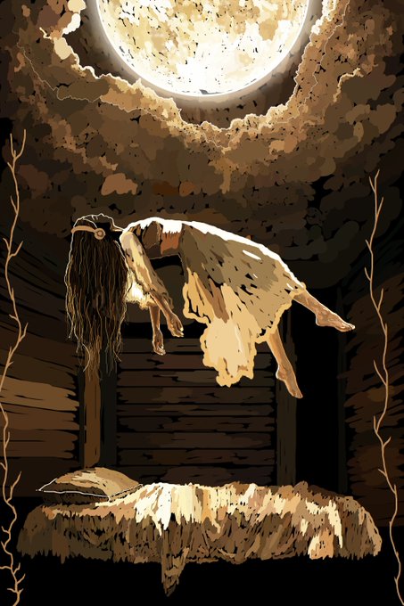 A stylized, dark illustration of a woman with long dark hair floating horizontally beneath a glowing full moon in what appears to be a rustic wooden structure.