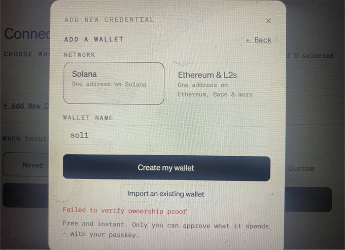 A wallet setup screen showing 'ADD NEW CREDENTIAL' with options to add a wallet on Solana or Ethereum & L2s, named 'sol1', with an error message: 'Failed to verify ownership proof.'