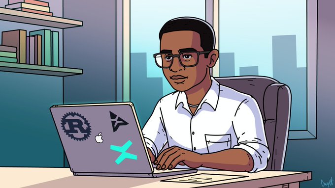 A cartoon illustration of a man with glasses working on a laptop adorned with Rust and Apple logos, sitting at a desk with a city view in the background.